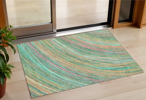 3' X 5' Teal Blue Pink And Peach Abstract Washable Indoor Outdoor Area Rug