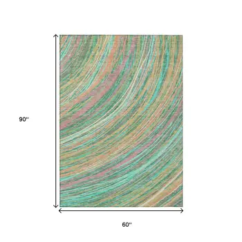5' X 8' Teal Blue Pink And Peach Abstract Washable Indoor Outdoor Area Rug