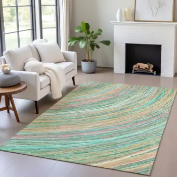 10' X 14' Teal Blue Pink And Peach Abstract Washable Indoor Outdoor Area Rug
