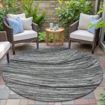 8' Taupe Charcoal And Ivory Round Abstract Washable Indoor Outdoor Area Rug