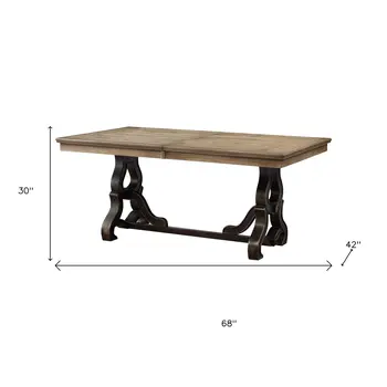 68" Brown and Black Wood and Metal Removable Leaf Trestle Base Extendable Dining Table