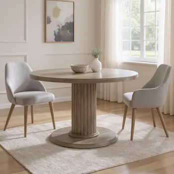 47" Gray Wood Pedestal Base Round Top Dining Table