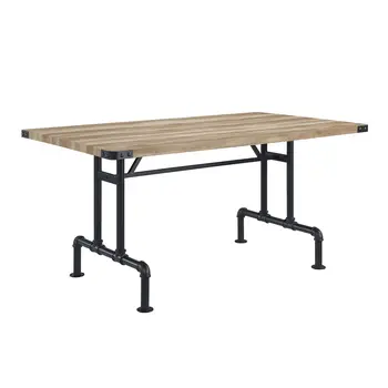 64" Oak and Black Wood and Metal Trestle Base Dining Table