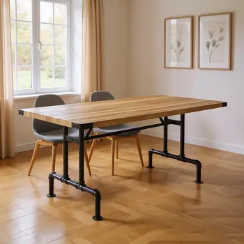 64" Oak and Black Wood and Metal Trestle Base Dining Table