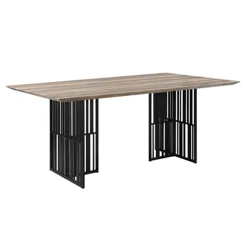 72" Oak and Black Wood and Metal Double Pedestal Base Dining Table