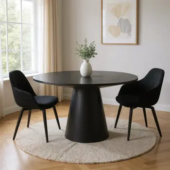 59" Black Wood Pedestal Base Round Top Dining Table