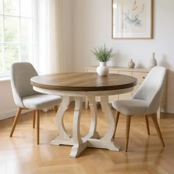 48" Walnut and Antiqued White Wood Cross Leg Base Round Top Dining Table