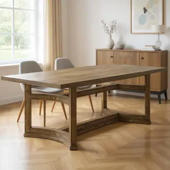 88" Oak Wood Trestle Base Dining Table