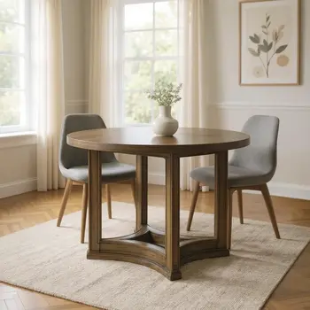 47" Oak Wood Frame Base Round Top Dining Table