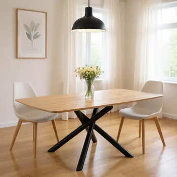 79" Natural and Black Wood and Metal Cross Leg Base Dining Table