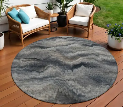8' Gray And Silver Round Abstract Washable Indoor Outdoor Area Rug