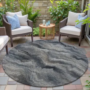 8' Gray And Silver Round Abstract Washable Indoor Outdoor Area Rug