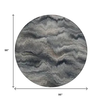 8' Gray And Silver Round Abstract Washable Indoor Outdoor Area Rug