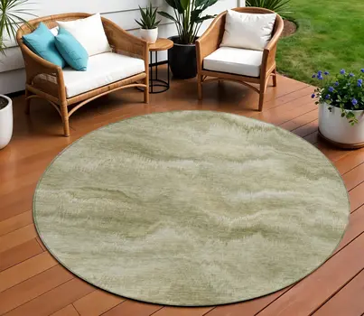 8' Sage And Ivory Round Abstract Washable Indoor Outdoor Area Rug