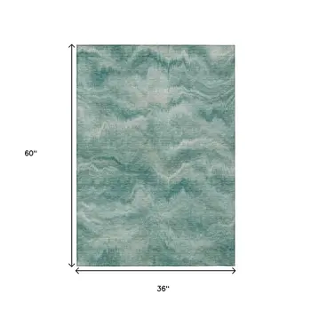 3' X 5' Teal Blue And Ivory Abstract Washable Indoor Outdoor Area Rug