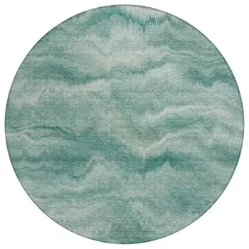 8' Teal Blue And Ivory Round Abstract Washable Indoor Outdoor Area Rug