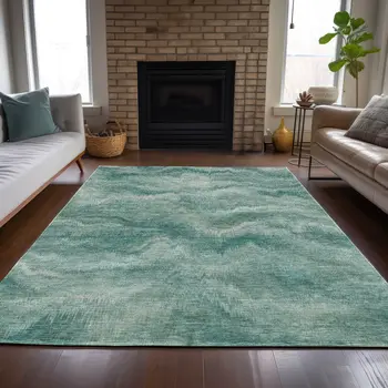 10' X 14' Teal Blue And Ivory Abstract Washable Indoor Outdoor Area Rug