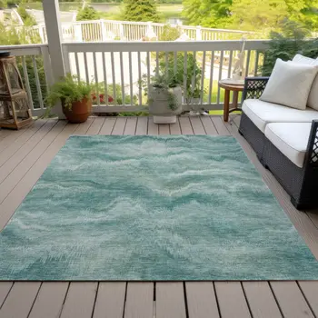 10' X 14' Teal Blue And Ivory Abstract Washable Indoor Outdoor Area Rug