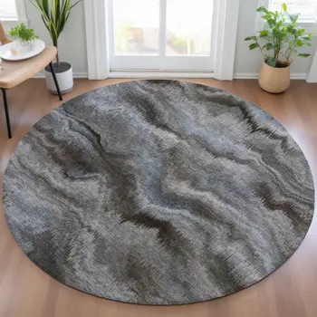 8' Taupe And Ivory Round Abstract Washable Indoor Outdoor Area Rug