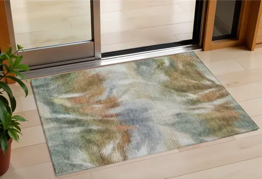 3' X 5' Beige And Copper Abstract Washable Indoor Outdoor Area Rug