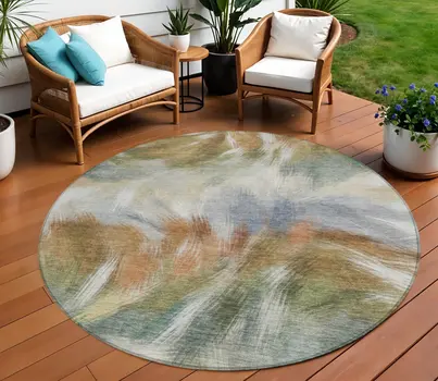 8' Beige And Copper Round Abstract Washable Indoor Outdoor Area Rug