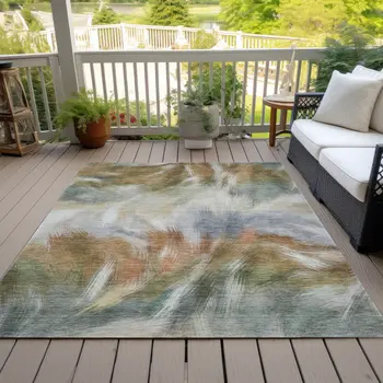 8' X 10' Beige And Copper Abstract Washable Indoor Outdoor Area Rug