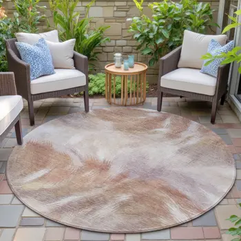 8' Copper And Ivory Round Abstract Washable Indoor Outdoor Area Rug