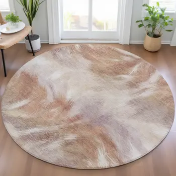 8' Copper And Ivory Round Abstract Washable Indoor Outdoor Area Rug