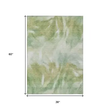 3' X 5' Green And Ivory Abstract Washable Indoor Outdoor Area Rug