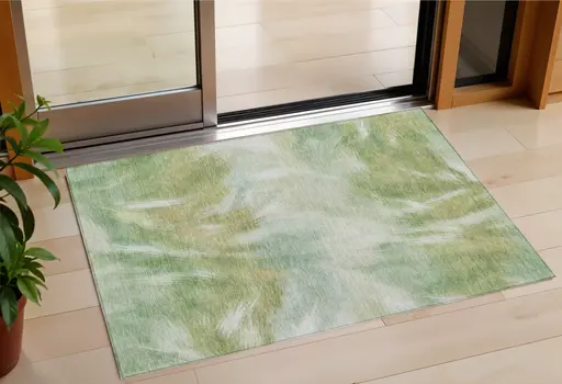 3' X 5' Green And Ivory Abstract Washable Indoor Outdoor Area Rug