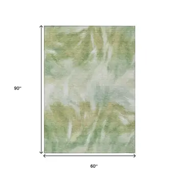 5' X 8' Green And Ivory Abstract Washable Indoor Outdoor Area Rug