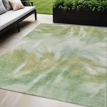 5' X 8' Green And Ivory Abstract Washable Indoor Outdoor Area Rug