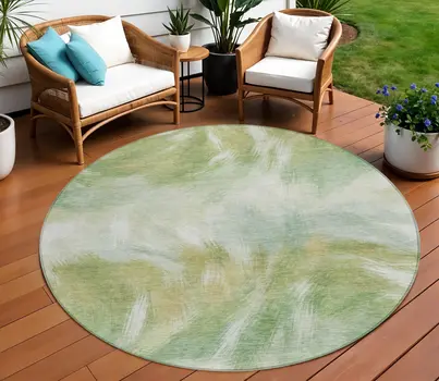 8' Green And Ivory Round Abstract Washable Indoor Outdoor Area Rug