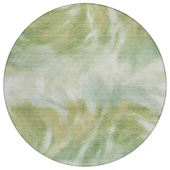 8' Green And Ivory Round Abstract Washable Indoor Outdoor Area Rug