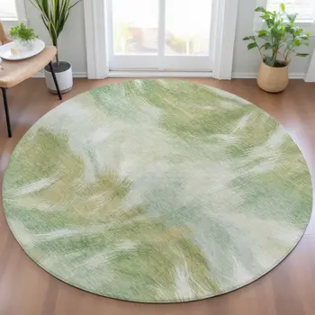 8' Green And Ivory Round Abstract Washable Indoor Outdoor Area Rug