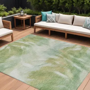 8' X 10' Green And Ivory Abstract Washable Indoor Outdoor Area Rug