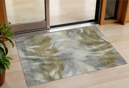 3' X 5' Pewter And Silver Abstract Washable Indoor Outdoor Area Rug