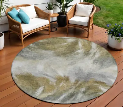 8' Pewter And Silver Round Abstract Washable Indoor Outdoor Area Rug