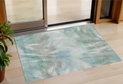 3' X 5' Sky Blue And Ivory Abstract Washable Indoor Outdoor Area Rug