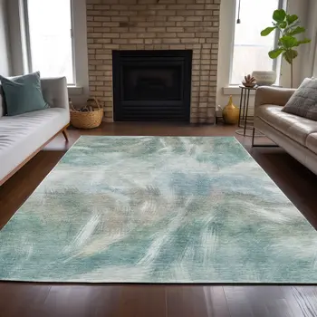 3' X 5' Sky Blue And Ivory Abstract Washable Indoor Outdoor Area Rug
