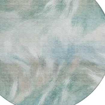 8' Sky Blue And Ivory Round Abstract Washable Indoor Outdoor Area Rug