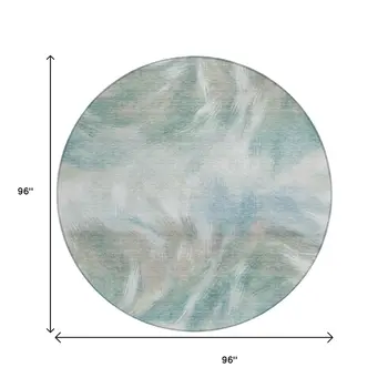 8' Sky Blue And Ivory Round Abstract Washable Indoor Outdoor Area Rug