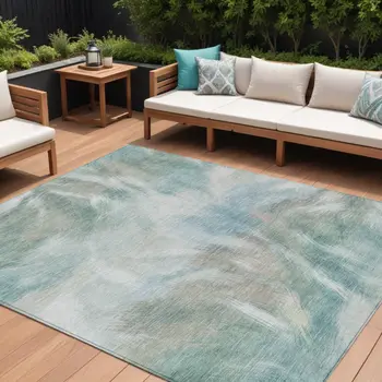 9' X 12' Sky Blue And Ivory Abstract Washable Indoor Outdoor Area Rug