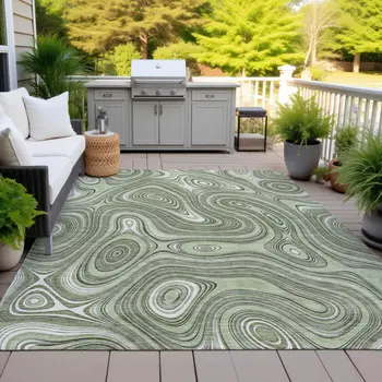 3' X 5' Artichoke Green And Ivory Geometric Washable Indoor Outdoor Area Rug