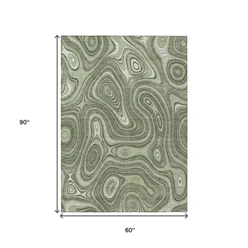 5' X 8' Artichoke Green And Ivory Geometric Washable Indoor Outdoor Area Rug