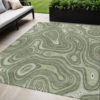 5' X 8' Artichoke Green And Ivory Geometric Washable Indoor Outdoor Area Rug