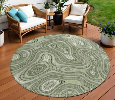 8' Artichoke Green And Ivory Round Geometric Washable Indoor Outdoor Area Rug