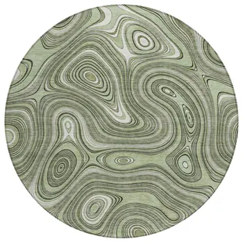8' Artichoke Green And Ivory Round Geometric Washable Indoor Outdoor Area Rug