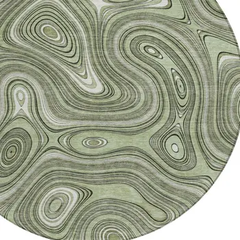 8' Artichoke Green And Ivory Round Geometric Washable Indoor Outdoor Area Rug