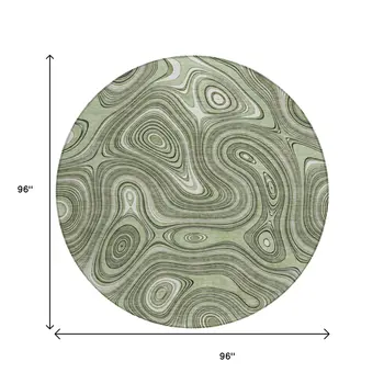 8' Artichoke Green And Ivory Round Geometric Washable Indoor Outdoor Area Rug